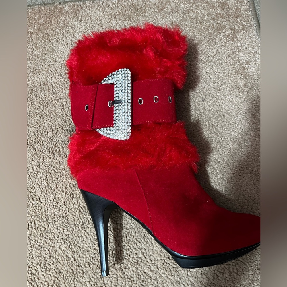 Selina Red Heeled “Fur” Boots with Rhinestone Buckle
